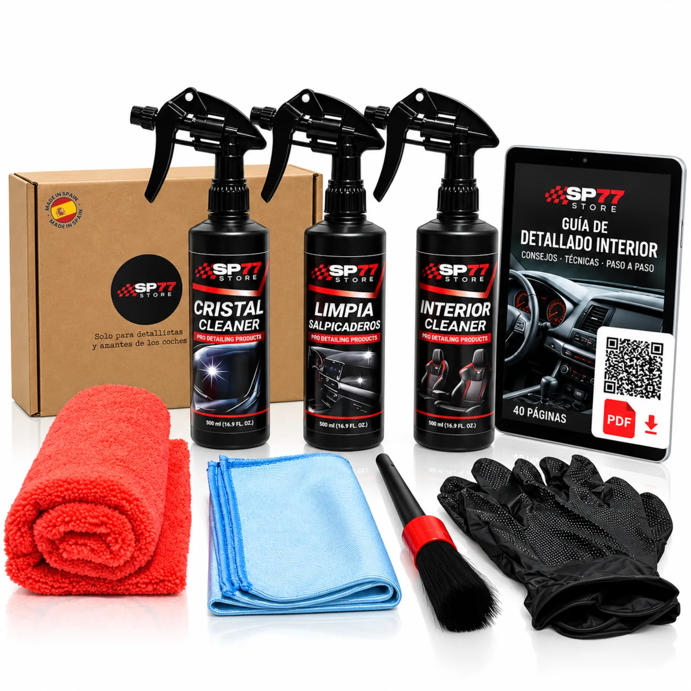 Kit de limpieza interior SP77 completo con caja, 3 sprays, bayetas, pincel, guantes y guía