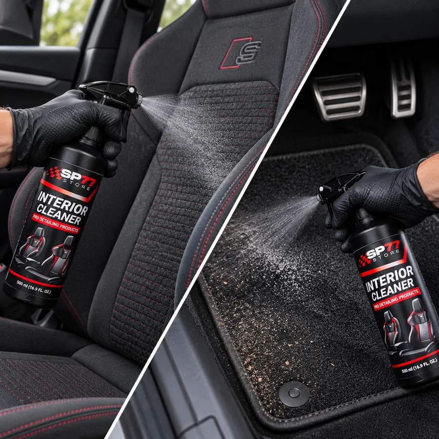 Pulverizando Interior Cleaner en asiento y alfombrilla