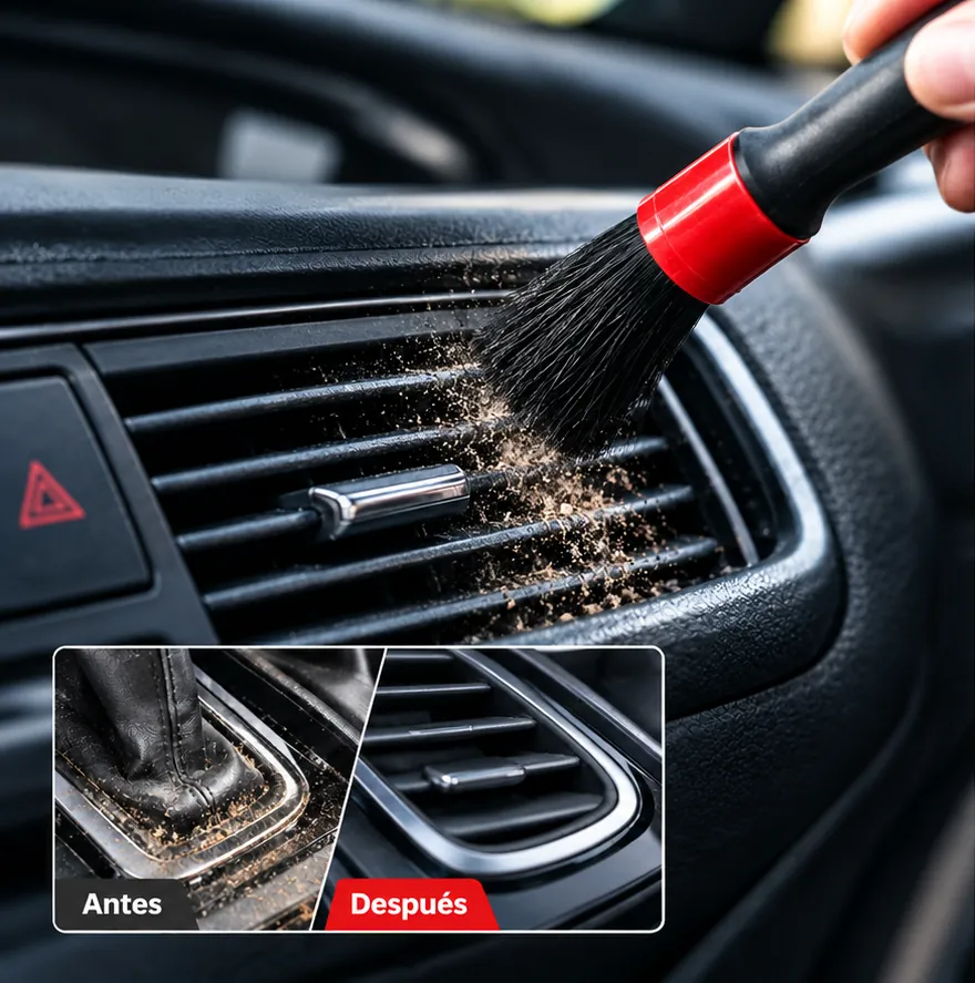 Limpiando una rejilla de ventilación con el pincel de detailing